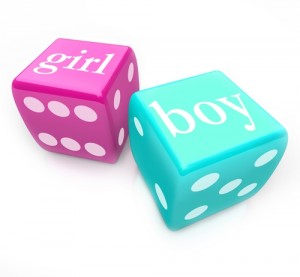 Two dice - blue and pink, marked boy and girl - roll to guess the gender of your baby you and your partner will have in your pregnancy