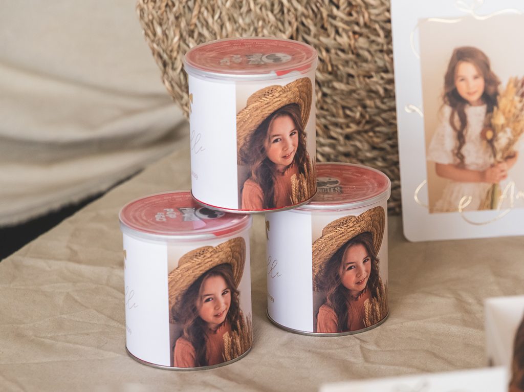 Communiebedankje chipspotje met papieren wikkel met foto