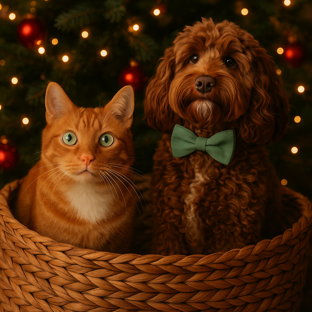 AI-gegenereerde afbeelding van een hond en een kat samen in een mandje op basis van 2 aparte foto's van een hond en een kat.