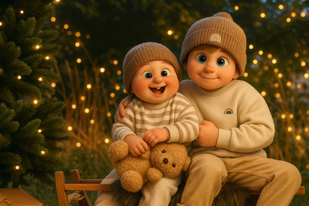AI-gegenereerde afbeelding in animatiestijl gebaseerd op een foto van 2 broertjes op een slee in het bos.