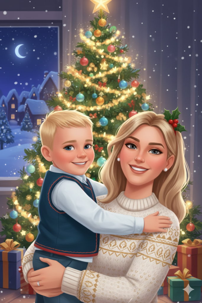 AI-gegenereerde afbeelding van een mama met haar zoontje voor de kerstboom