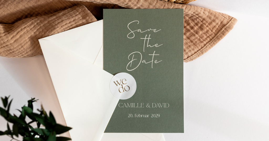 Groene save the date kaart met witte envelop 