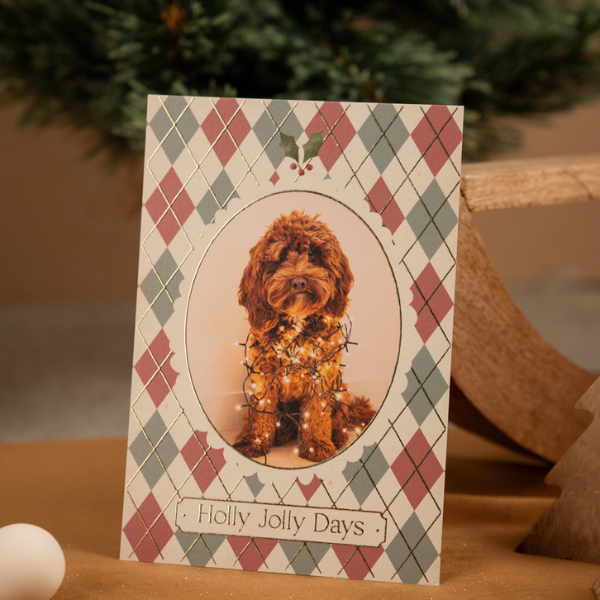 Kerstkaart met ruitjesmotief, foto en goudfolie
